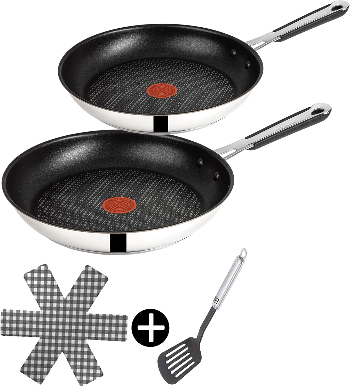 Tefal E30 Jamie Oliver Set 7 Induktionspfannenset 4 tlg 20 cm + 28 cm, Antihaftbeschichtung Titanium Excellence, ThermoSpot, Edelstahlpfanne, spülmaschinenfest, für alle Herdarten, Pfannenwender, Pfannenschoner
