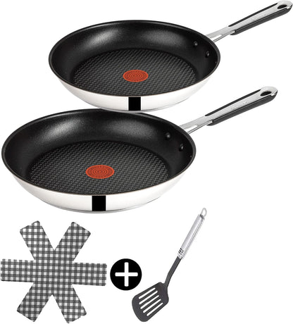 Tefal E30 Jamie Oliver Set 7 Induktionspfannenset 4 tlg 20 cm + 28 cm, Antihaftbeschichtung Titanium Excellence, ThermoSpot, Edelstahlpfanne, spülmaschinenfest, für alle Herdarten, Pfannenwender, Pfannenschoner