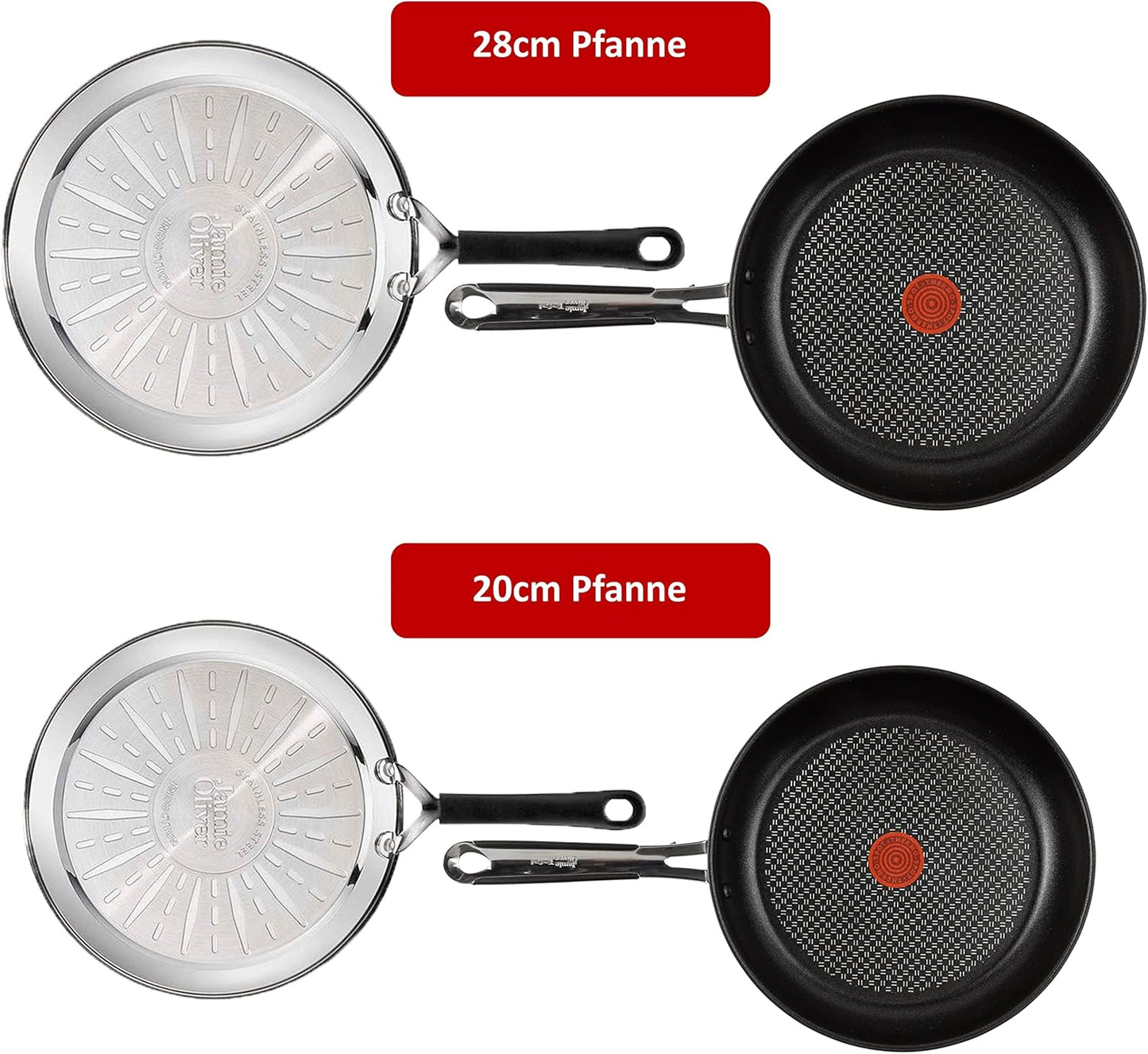 Tefal E30 Jamie Oliver Set 7 Induktionspfannenset 4 tlg 20 cm + 28 cm, Antihaftbeschichtung Titanium Excellence, ThermoSpot, Edelstahlpfanne, spülmaschinenfest, für alle Herdarten, Pfannenwender, Pfannenschoner