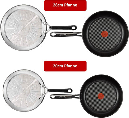 Tefal E30 Jamie Oliver Set 7 Induktionspfannenset 4 tlg 20 cm + 28 cm, Antihaftbeschichtung Titanium Excellence, ThermoSpot, Edelstahlpfanne, spülmaschinenfest, für alle Herdarten, Pfannenwender, Pfannenschoner