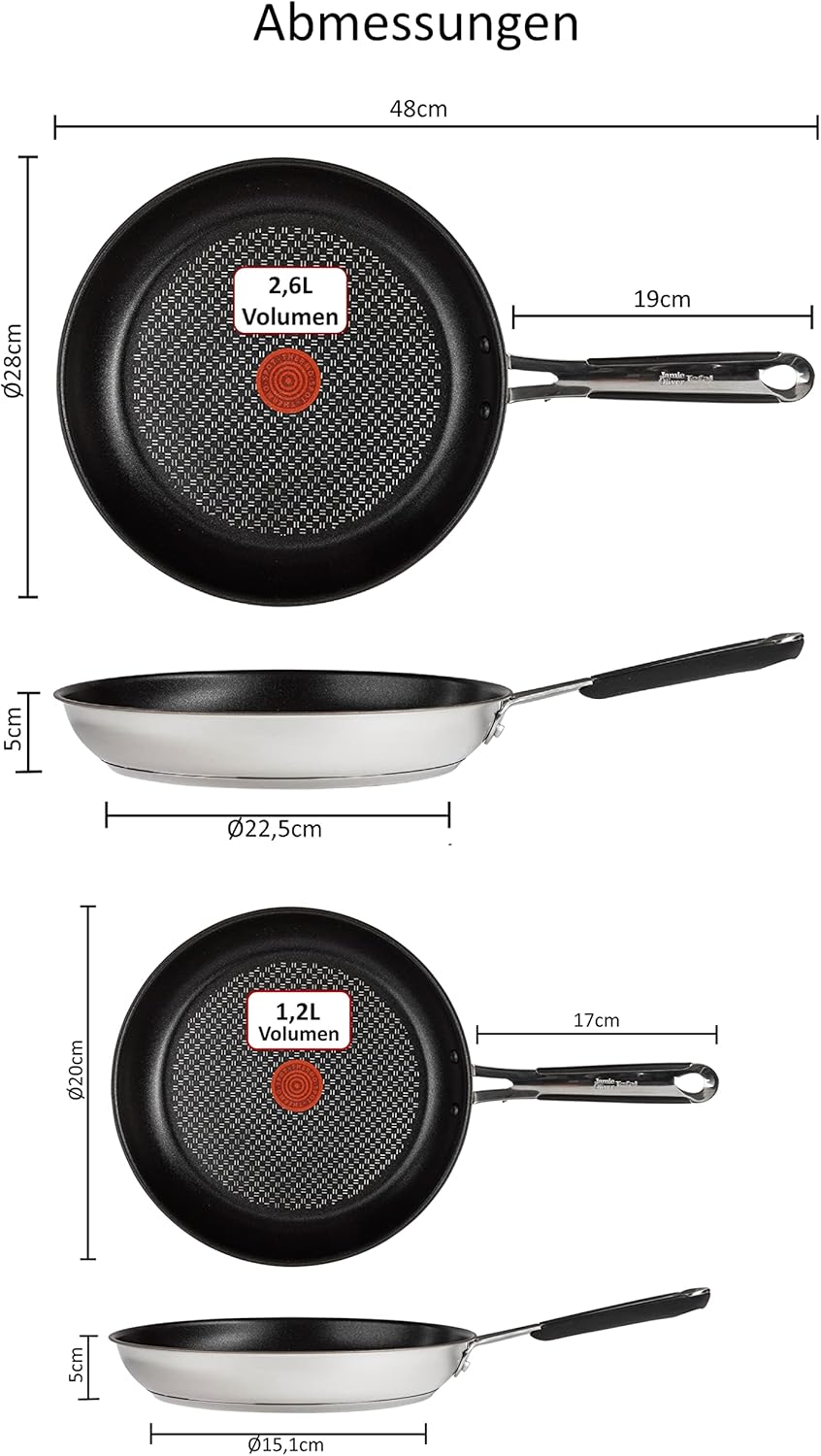 Tefal E30 Jamie Oliver Set 7 Induktionspfannenset 4 tlg 20 cm + 28 cm, Antihaftbeschichtung Titanium Excellence, ThermoSpot, Edelstahlpfanne, spülmaschinenfest, für alle Herdarten, Pfannenwender, Pfannenschoner