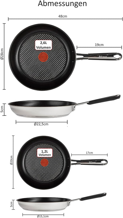 Tefal E30 Jamie Oliver Set 7 Induktionspfannenset 4 tlg 20 cm + 28 cm, Antihaftbeschichtung Titanium Excellence, ThermoSpot, Edelstahlpfanne, spülmaschinenfest, für alle Herdarten, Pfannenwender, Pfannenschoner