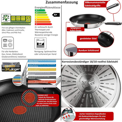 Tefal E30 Jamie Oliver Set 7 Induktionspfannenset 4 tlg 20 cm + 28 cm, Antihaftbeschichtung Titanium Excellence, ThermoSpot, Edelstahlpfanne, spülmaschinenfest, für alle Herdarten, Pfannenwender, Pfannenschoner