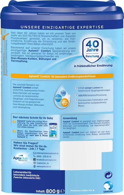 Aptamil Comfort Spezial-Babynahrung für empfindliche Säuglinge mit Blähungen, Koliken & Verstopfung – hydrolysiertes Molkenprotein – sanfte Anfangsnahrung für Neugeborene – 800g