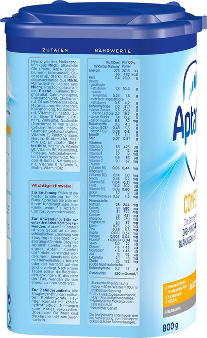 Aptamil Comfort Spezial-Babynahrung für empfindliche Säuglinge mit Blähungen, Koliken & Verstopfung – hydrolysiertes Molkenprotein – sanfte Anfangsnahrung für Neugeborene – 800g
