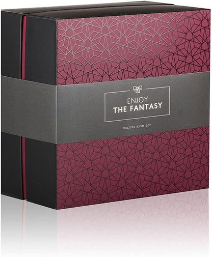 LoveBoxxx Deluxe BDSM Geschenkset für Paare Bondage Set Massagestab Vibrationsspielzeug Handschellen PU-Leder Augenmaske Flogger Bondageseil Samtbeutel Erotikspielzeug Set luxuriös