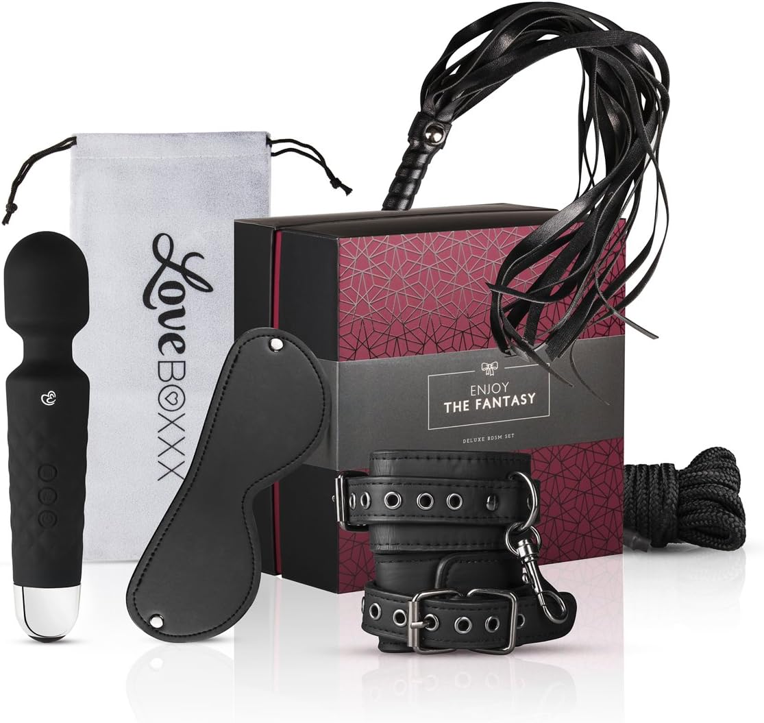 LoveBoxxx Deluxe BDSM Geschenkset für Paare Bondage Set Massagestab Vibrationsspielzeug Handschellen PU-Leder Augenmaske Flogger Bondageseil Samtbeutel Erotikspielzeug Set luxuriös