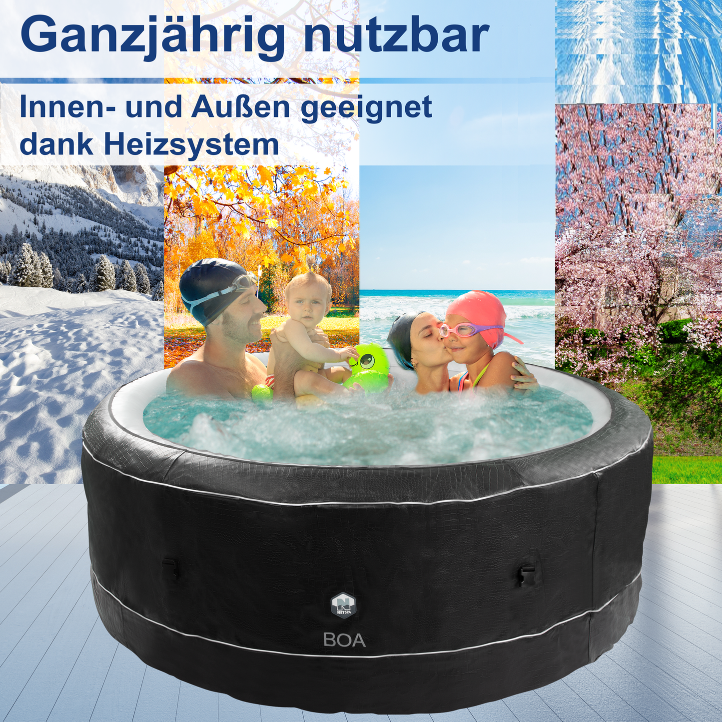 JUNG BOA SPA Whirlpool, selbstaufblasend, beheizbar, für bis zu 5 Personen, rund, Outdoor & Indoor, Krokodil-Optik, Ø 195 cm, energiesparend, wartungsfreundlich