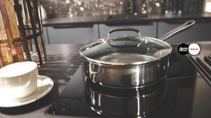 Tefal E3033344 Jamie Oliver Edelstahl Schmorpfanne 25 cm, Induktionskompatibel, Ofenfest, Titanbeschichtet, Spülmaschinenfest, Antihaftbeschichtung, Thermo-Signal Indikator, Edelstahlgriff, Schmorpfanne