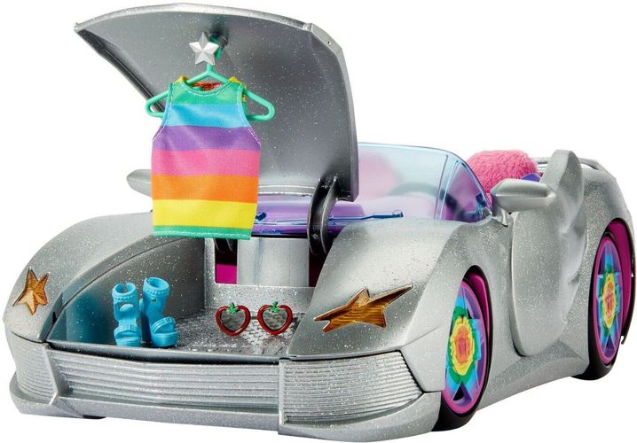 Barbie HDJ47 Cabrio - Glitzerndes Silbernes Auto für Barbie mit Scherentüren, Mini-Pool, Modeaccessoires, Corgi-Hündchen, Regenbogenfelgen, Rosa Innenausstattung – Spielzeugauto für Kinder