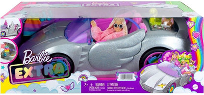 Barbie HDJ47 Cabrio - Glitzerndes Silbernes Auto für Barbie mit Scherentüren, Mini-Pool, Modeaccessoires, Corgi-Hündchen, Regenbogenfelgen, Rosa Innenausstattung – Spielzeugauto für Kinder