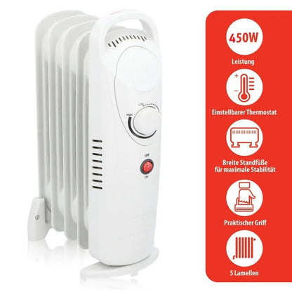 Blaupunkt MEN812 Ölradiator 450W Mini Elektroheizung | Kompakter elektrischer Heizkörper mit Thermostat | Geräuscharmer Ölheizkörper mit 5 Rippen für Innenräume bis 15m² | Energiesparende Elektroheizung