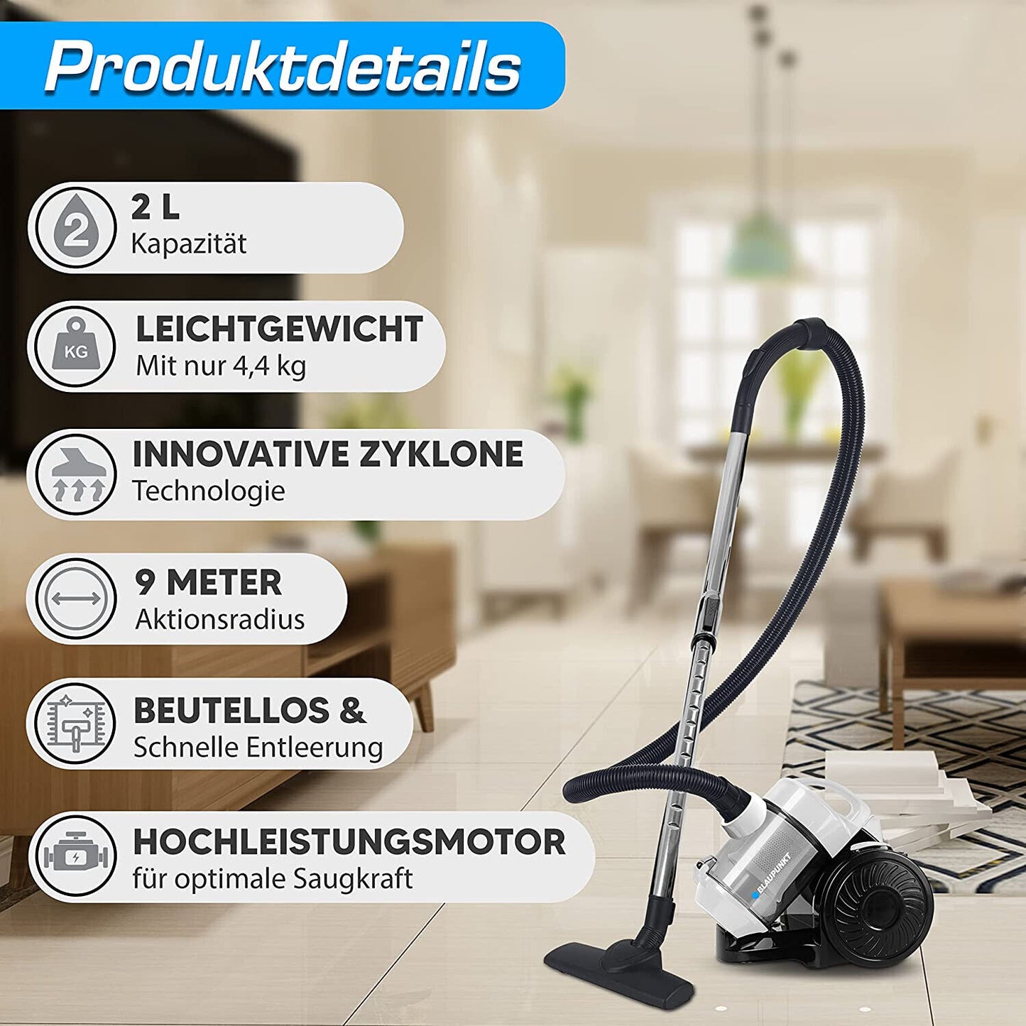 Blaupunkt MEN789 Beutelloser Zyklon-Staubsauger, 800W, 2L Fassungsvermögen, leise, umweltfreundlich, HEPA Filter, für Teppich und Hartböden, kompaktes Design, hohe Flexibilität, ergonomisch, praktisch