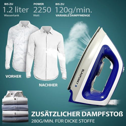Blaupunkt MEN803 Dampfbügelstation, Dampfbügelstation 2250W, 5.2 Bar, Dampfstoß 280g/Min, abnehmbarer Wassertank 1.2L, Keramiksohle, automatische Abschaltung, Antikalk-System, vertikales Bügeln