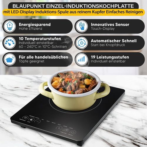 Blaupunkt MEN820 Induktionskochfeld 2000W 1-Platten Standgerät tragbar Schnellstart Sicherheitsfunktionen Touch-Display Glaskeramikplatte Energieeffizient LED-Anzeige Zeitschaltuhr Schwarz