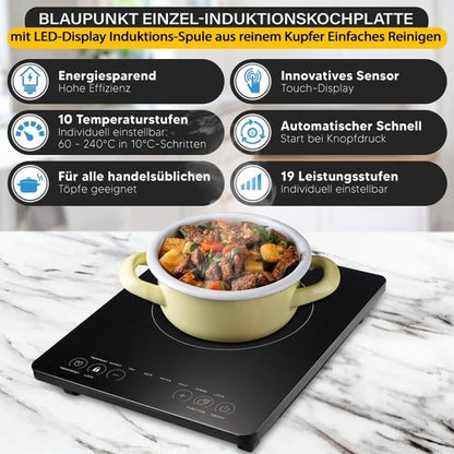 Blaupunkt MEN820 Induktionskochfeld 2000W 1-Platten Standgerät tragbar Schnellstart Sicherheitsfunktionen Touch-Display Glaskeramikplatte Energieeffizient LED-Anzeige Zeitschaltuhr Schwarz