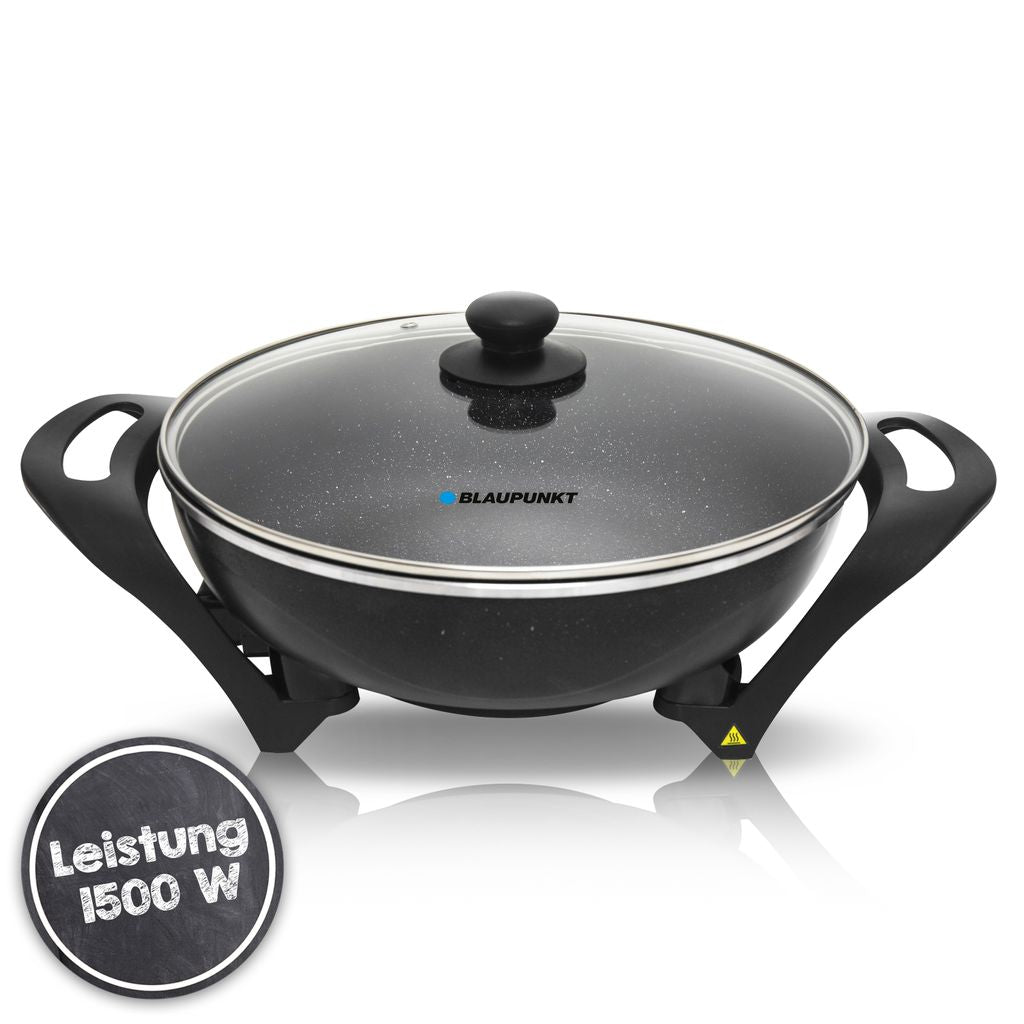 Blaupunkt MEN835 Elektropfanne, 1500W, 6L Wok, Antihaftbeschichtung, regelbarer Thermostat bis 215°C, Glasdeckel, abnehmbares Kabel, multifunktional, Paella Pfanne, für große Mahlzeiten, einfache Reinigung
