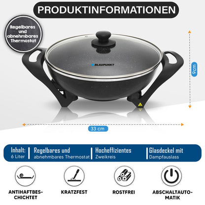 Blaupunkt MEN835 Elektropfanne, 1500W, 6L Wok, Antihaftbeschichtung, regelbarer Thermostat bis 215°C, Glasdeckel, abnehmbares Kabel, multifunktional, Paella Pfanne, für große Mahlzeiten, einfache Reinigung