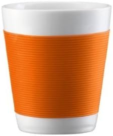 Bodum Kantine 2 Tassen, doppelwandig, Porzellan, 0,1 l, Orange, spülmaschinenfest, praktische Isolierung, Anti-Rutsch-Silikonhülle, Set für Kaffee, Tee, heiße Schokolade, langlebig, stilvoll