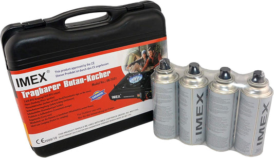 IMEX Camping Gaskocher Klein Edelstahl mit 4x 227g Butan-Gaskartuschen – Kompaktes Gaskocher Set mit Piezo-Zündung und Sicherheitsverriegelung im praktischen Tragekoffer für Outdoor-Aktivitäten & Notfälle, Gas