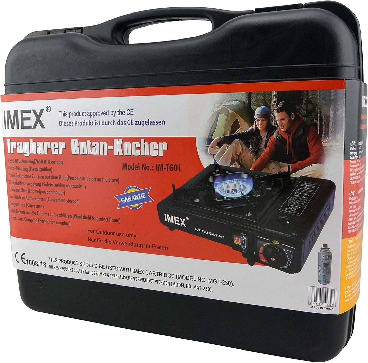 IMEX Gaskocher Camping Set mit 12x 227g Butan Gaskartuschen, Edelstahlkocher mit Piezozündung im Tragekoffer – Tragbarer Outdoor Gaskocher Set für Camping, Kochen, Festival, Notfall