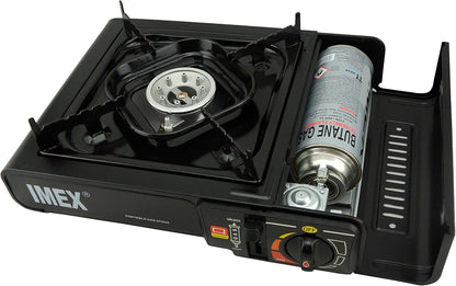 IMEX Gaskocher Set für Camping mit 8x 227g Butan-Gaskartuschen – Tragbarer Edelstahl Campingkocher mit Piezo-Zündung und Sicherheitsverriegelung im kompakten Transportkoffer für Outdoor & Notfälle