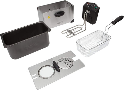 Jung Camry CR4909 Fritteuse 3L Ölbehälter herausnehmbar Temperaturregelung 2000W Edelstahl Friteuse mit Geruchsfilter Hebekorb Schnellaufheizung Antihaft Frittiergerät Küche kompakt Silber