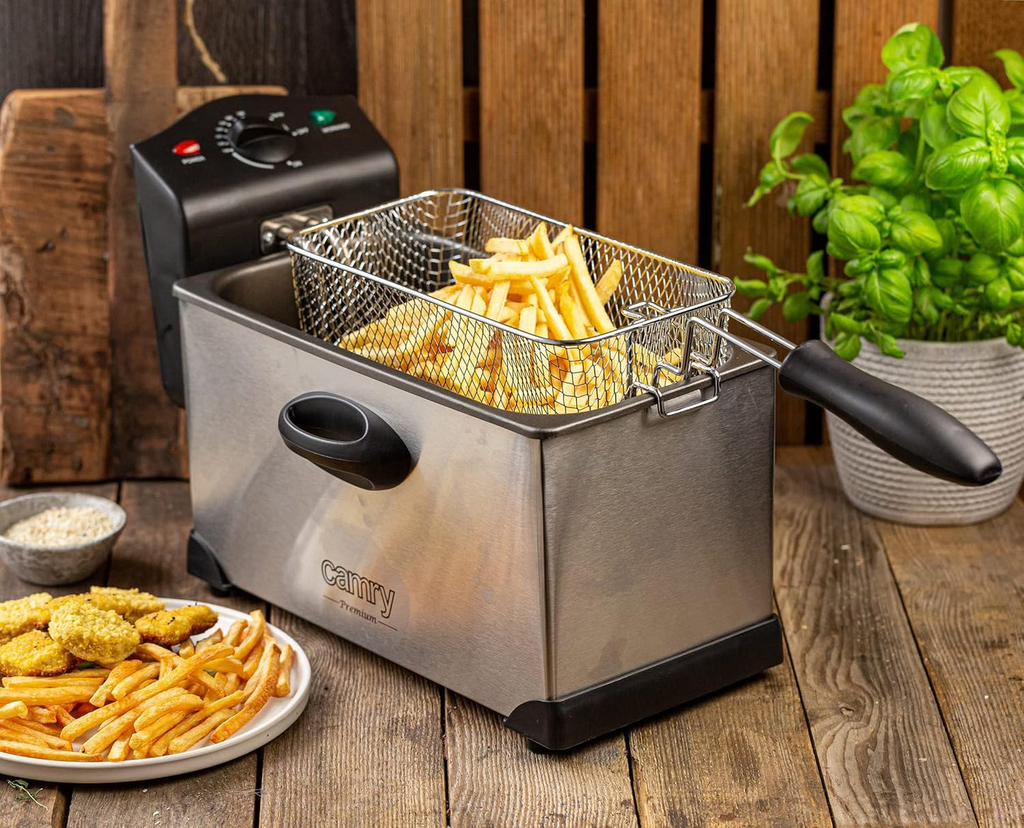 Jung Camry CR4909 Fritteuse 3L Ölbehälter herausnehmbar Temperaturregelung 2000W Edelstahl Friteuse mit Geruchsfilter Hebekorb Schnellaufheizung Antihaft Frittiergerät Küche kompakt Silber