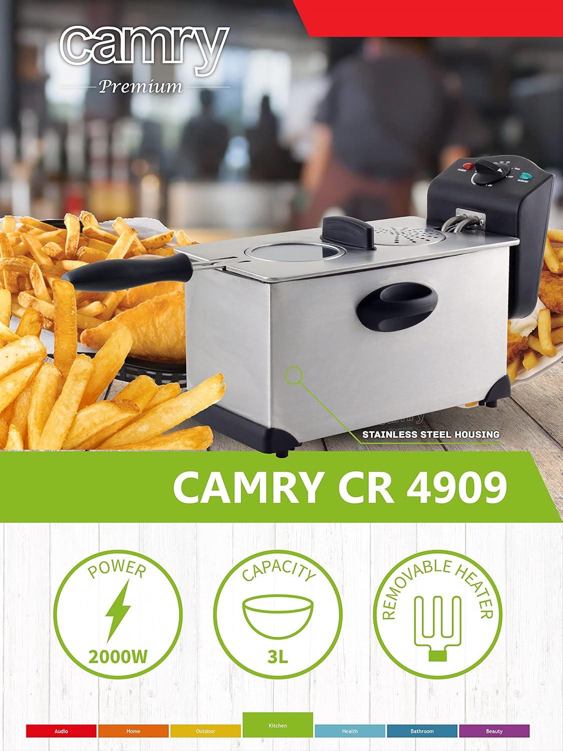 Jung Camry CR4909 Fritteuse 3L Ölbehälter herausnehmbar Temperaturregelung 2000W Edelstahl Friteuse mit Geruchsfilter Hebekorb Schnellaufheizung Antihaft Frittiergerät Küche kompakt Silber