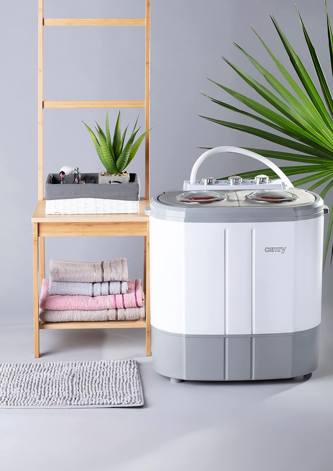 JUNG CAMRY CR8052 Mini Waschmaschine 3 kg, Schleuder bis 1 kg, tragbar, Kompakt, Camping, 450W Waschleistung, 630W Schleuderleistung, Weiß/Grau, 230V, 12L Wasserverbrauch, Toploader
