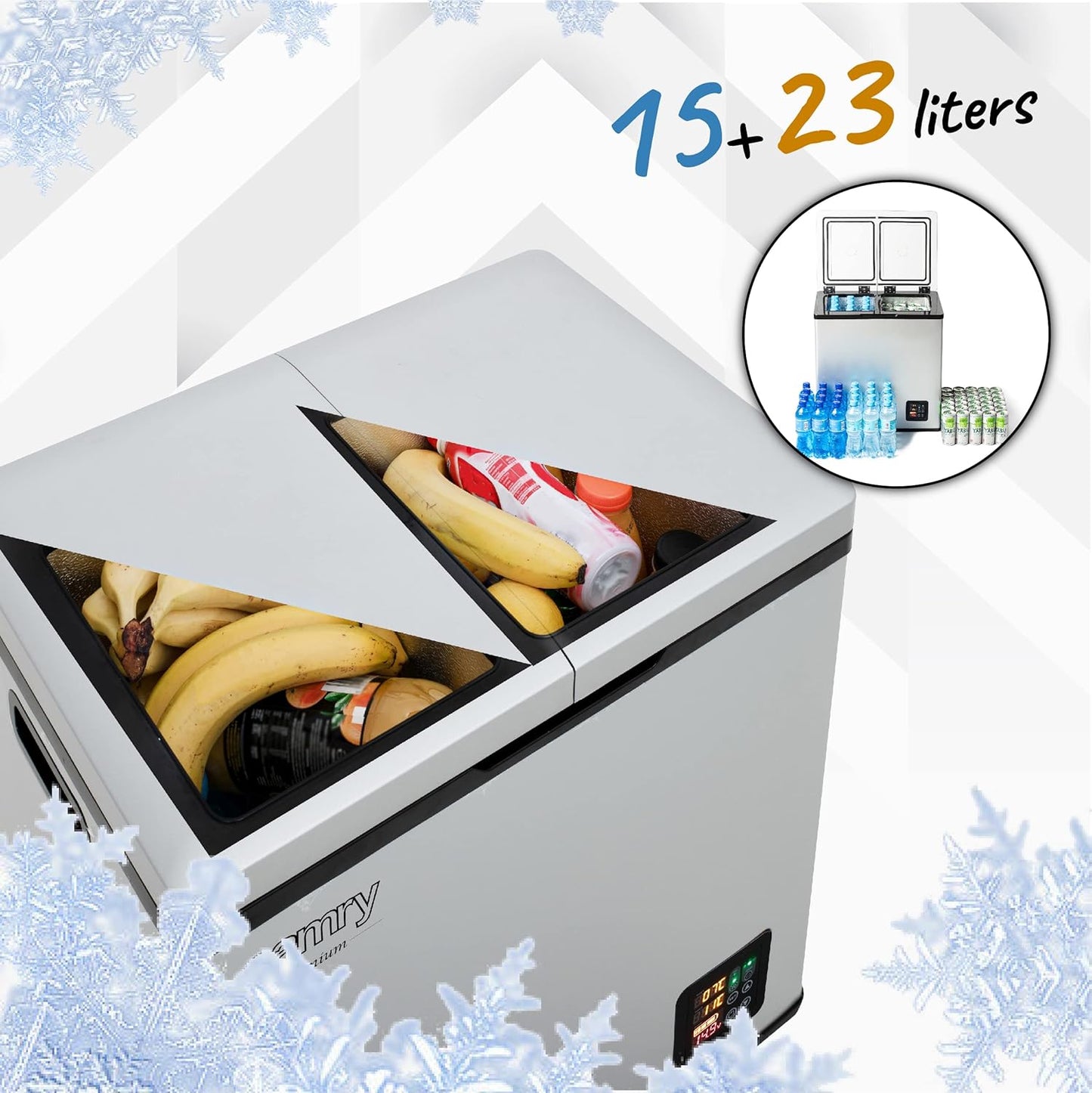 Jung CAMRY CR8076 38L Kompressor Kühlschrank und Gefrierschrank tragbar, Mini Kühlbox 12V 24V 230V LCD Display Campingkühlschrank Gefrierbox leise Reisekühlschrank Kühl-Gefrier-Kombi