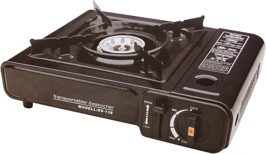 RSonic PF-Distronics Camping Gaskocher 2,2 kW mit Piezozündung, Aluminium-Brennerkopf, Windschutz, Kunststoffkoffer – tragbarer Butan-Gaskocher für Garten, Terrasse, Balkon und Outdoor-Aktivitäten