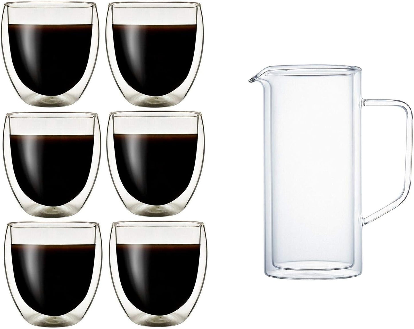 Klasique Doppelwandige Thermogläser 250 ml im 6er Set mit doppelwandiger Karaffe 1 Liter, mundgeblasenes Borosilikatglas, hitzebeständig, kratzfest, Thermoglas mit Schwebeeffekt für Tee, Kaffee, Cocktails, Säfte