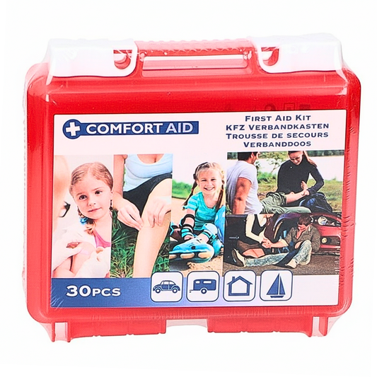 JUNG Comfort Aid Erste Hilfe Set 30 teilig Tragbar Notfallset Verband Pflaster Handschuhe Pinzette Kompressen Alkoholtupfer Outdoor Camping Auto