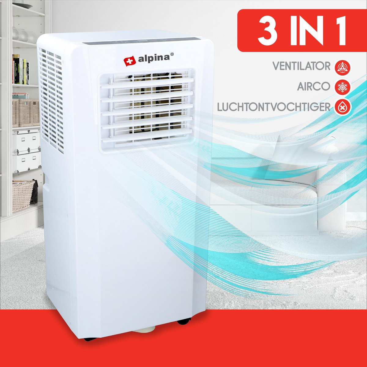 Commodoor Alpina Mobile Klimaanlage 785W 0,5L 3in1 Klimagerät 7000BTU – Luftkühler, Ventilator, Luftbefeuchter mit Fernbedienung, 65dB - bis 75 m²