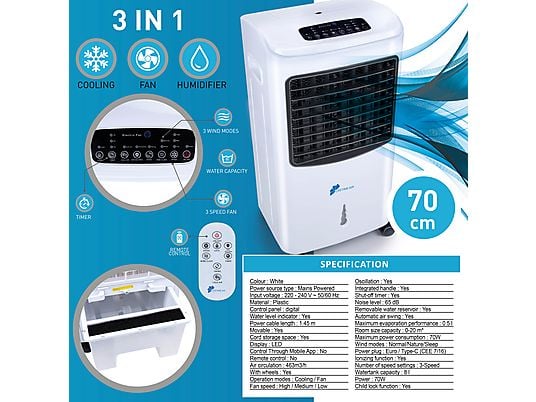 Commodoor Mobile Klimaanlage 70W 8L 3in1 Tragbar Klimagerät – Luftkühler, Ventilator, Luftbefeuchter mit Fernbedienung, leise & energieeffizient 65dB