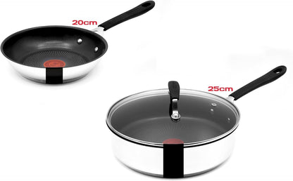 Tefal E30 Jamie Oliver Pfannenset - Pfanne 20 cm + Schmorpfanne 25cm mit Deckel Induktion, Bratpfanne Edelstahl, Antihaft Beschichtet, Hoher Rand, Backofenfest, Genieteter Griff