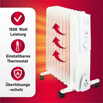 Delonghi TRD4 mobiler Ölradiator Heizkörper 1500W leise Elektroheizung mit Rollen, Thermostat und Sicherheitsabschaltung für große Räume – energieeffizient, kompakt, tragbar