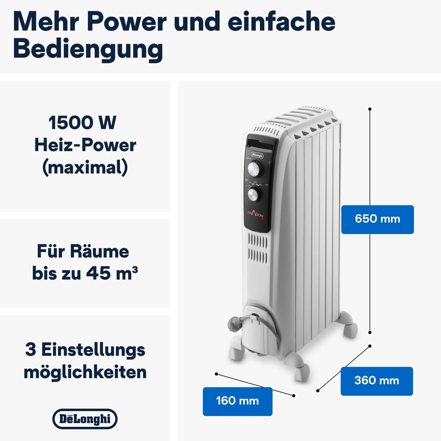 De’Longhi Dragon 4 TRD4 0615 Öl-Radiator 1500W Heizkörper mit Frostschutz, verstellbarem Thermostat, Keramikdesign und mobilen Klapprädern für effiziente Wärme in Innenräumen