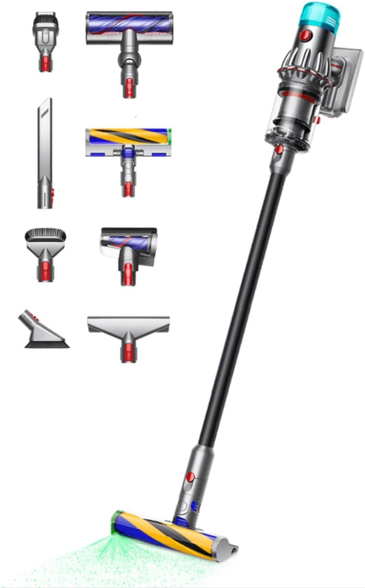 Dyson V15 Detect Total Clean HEPA-Staubsauger mit Partikelsensor, LCD-Display, Fluffy Bodendüse mit Licht, 240 AW Saugleistung, kabellos, Handstaubsauger & Tierhaarentferner Set