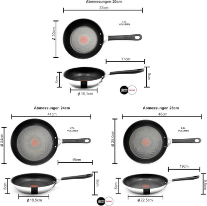 Tefal E30 Jamie Oliver Edelstahl Pfannenset 28 cm + 24 cm + 20 cm, Antihaftbeschichtet, Induktionsfähig, Thermo-Signal, Backofenfest bis 175°C, Hitzebeständig bis 260°C, Genieteter Edelstahlgriff mit Silikon