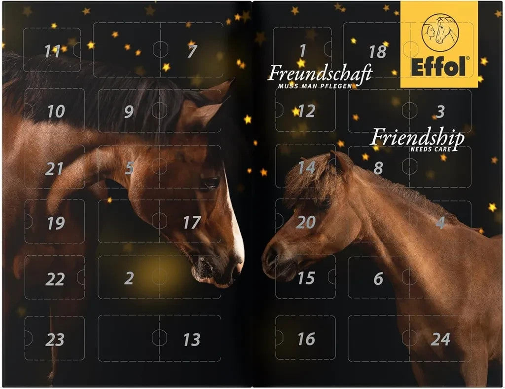 Effol Pferd Adventskalender 2025 für Pferde und Reiter mit 24 Pflegeprodukten von Effol, Effax und HEY Fell, Huf, Leder und Textilien ( Wert 200€ )