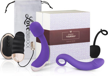 LoveBoxxx Deluxe Erotik Geschenkset Frauen Silikon Vibrator G-Punkt Dildo Vibro-Ei Fernbedienung Liebeskugeln Samtbeutel Luxuriöses Sexspielzeug Set für Sie Erotik Geschenkbox Limitiert