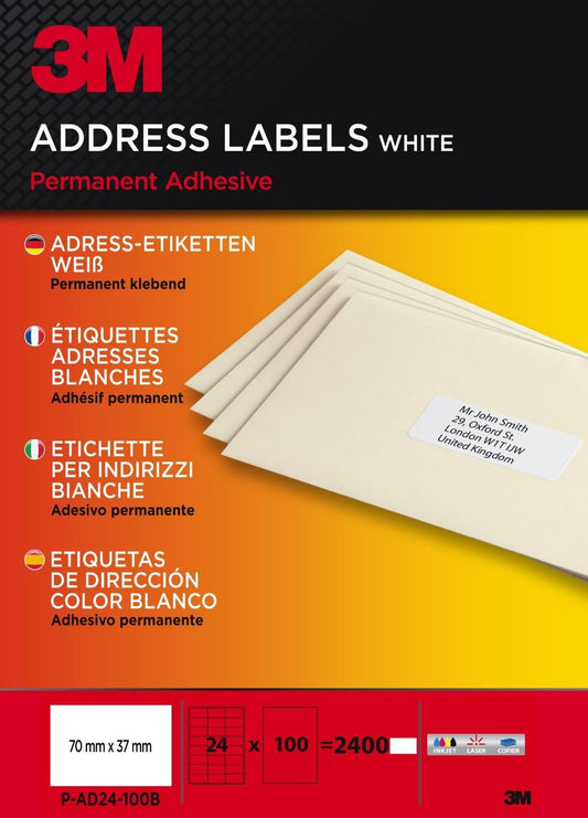 3M PA24100B Quick Lift Haftetiketten Adressetiketten 70 x 37 mm, Versandetiketten Büroaufkleber Selbstklebend Permanent Weiß 2400 Stück kompatibel Inkjet Laser Kopierer
