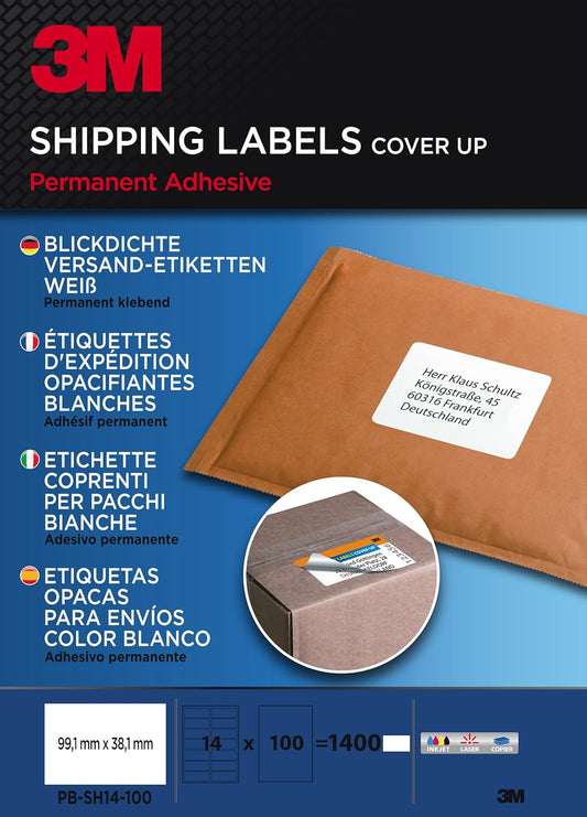 3M PBS14100 Blickdichte Versandetiketten – 1400 weiße, selbstklebende Etiketten 99,1 x 38,1 mm, für Laser-, Inkjetdrucker und Kopierer geeignet, starke Haftung, überklebbar, für Adressierung & Archivierung