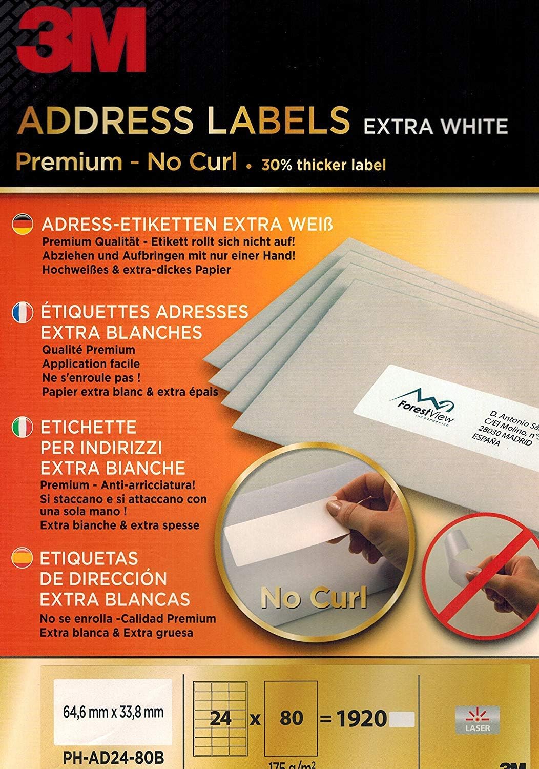 3M Premium Adressetiketten 1920 Stück Großpackung A4 80 Blätter selbstklebend No-Curl Technologie 64,6x33,8 mm für Inkjet Laser Kopierer Klebeetiketten Versandetiketten Recycling Etikettenpapier