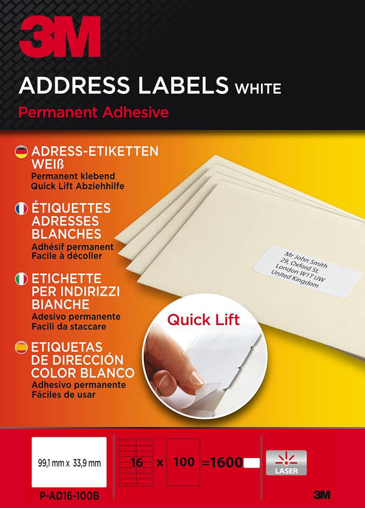 3M PA16100B Quick Lift Adressetiketten 99.1 x 33.9 mm – 1600 weiße Adressaufkleber für Laserdrucker, permanent haftende Büroetiketten für Versand, Paketbeschriftung und professionelle Organisation