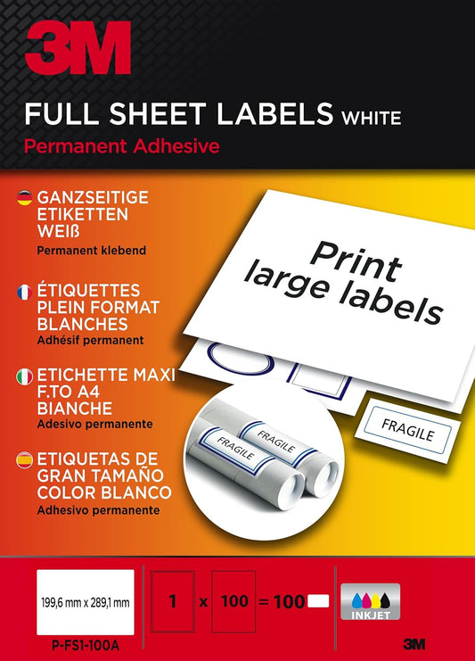 3M PF51100A Großformatige weiße Etiketten 199,6 x 289,1 mm für Inkjet-Drucker, 100 Etiketten, starke permanente Haftung, matt, professionelle Versand- und Lageretiketten mit exzellenter Druckqualität