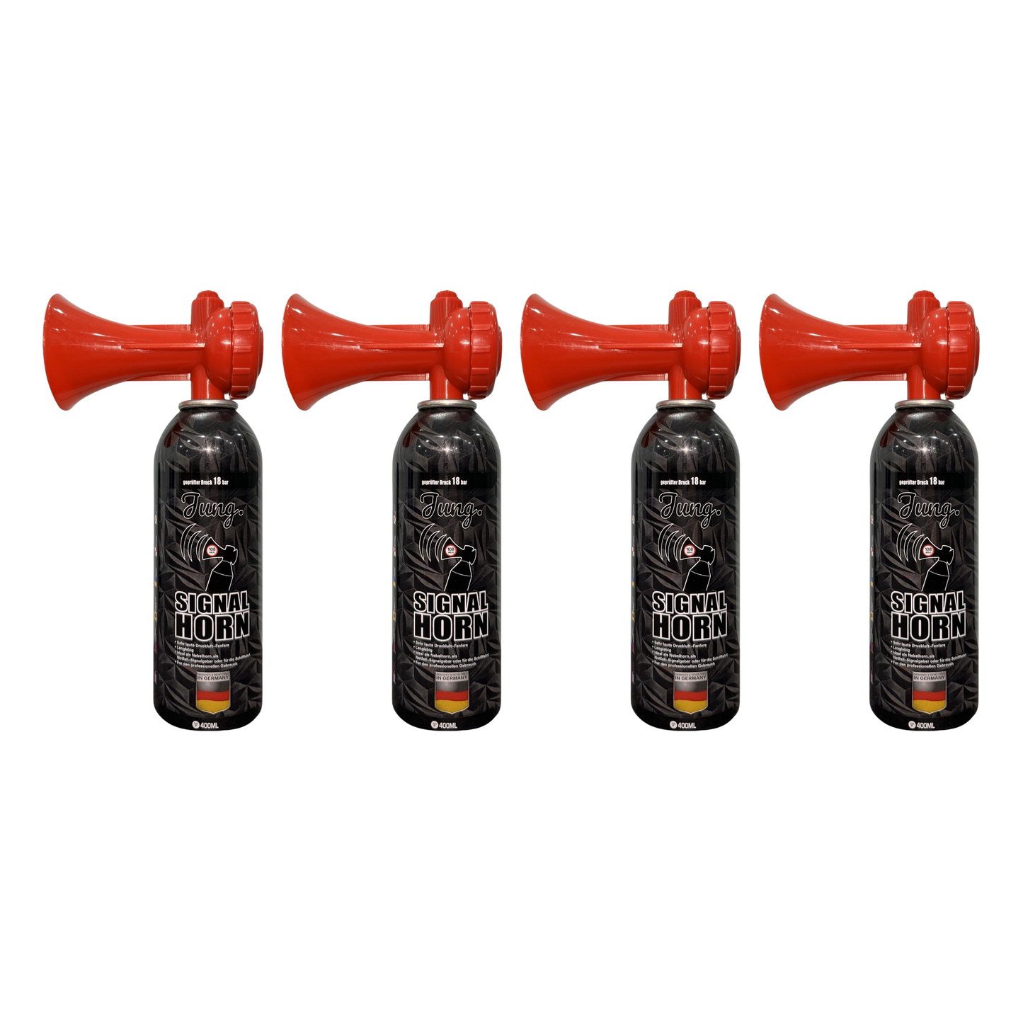 JUNG VA2 Druckluftfanfare Air Horn Profi Qualität 4er Set – 400ml Umweltfreundliche Signalhorn für Schifffahrt, Notfälle, Baustellen – Hohe Lautstärke 108 dB – Wiederverwendbar – Druckluft-Signalhorn für Sport, Tunnelbau, Fanfare