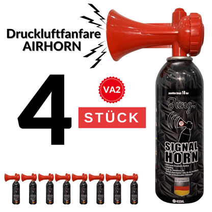 JUNG VA2 Druckluftfanfare Air Horn Profi Qualität 4er Set – 400ml Umweltfreundliche Signalhorn für Schifffahrt, Notfälle, Baustellen – Hohe Lautstärke 108 dB – Wiederverwendbar – Druckluft-Signalhorn für Sport, Tunnelbau, Fanfare